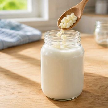 Añadiendo nódulos de kéfir de leche a tarro de cristal con leche fresca