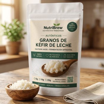 Bolsa de granos de kéfir de leche NutriBrew sobre mesa de madera con cuchara de granos frescos y planta verde de fondo Clean flat graphic design, no shadows, no 3D pouch mockup, no background props, vector style illustration, high resolution, print ready label artwork, white background outside the label area.