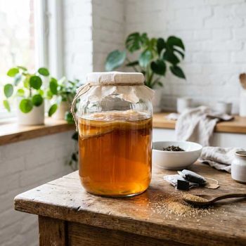 Tarro de kombucha con SCOBY visible junto a bolsitas de té y azúcar suelta sobre encimera de madera.