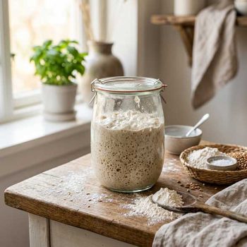Cultivo San Francisco sourdough starter culture con fermentación activa y harina esparcida sobre la superficie.