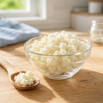 Nódulos de kéfir de leche frescos en bol de cristal con cuchara de madera
