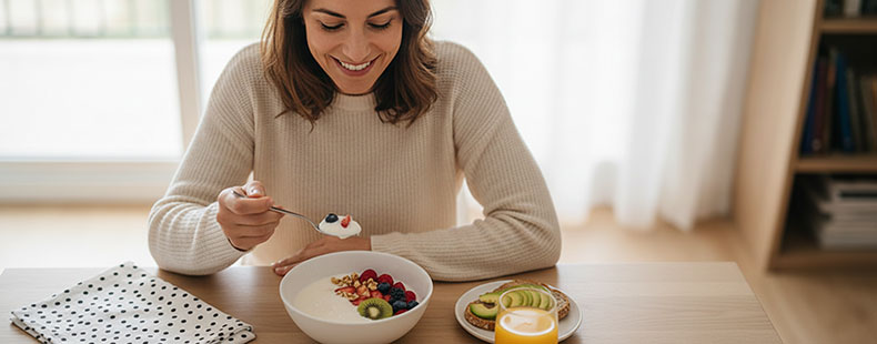 Una mujer disfrutando de un desayuno equilibrado con kéfir de leche, frutos rojos, kiwi y cereales, reflejando un estilo de vida saludable y los beneficios digestivos del kéfir casero de Nutribrew