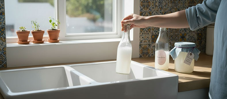 Abrir una botella de kéfir de agua sobre un fregadero por seguridad.