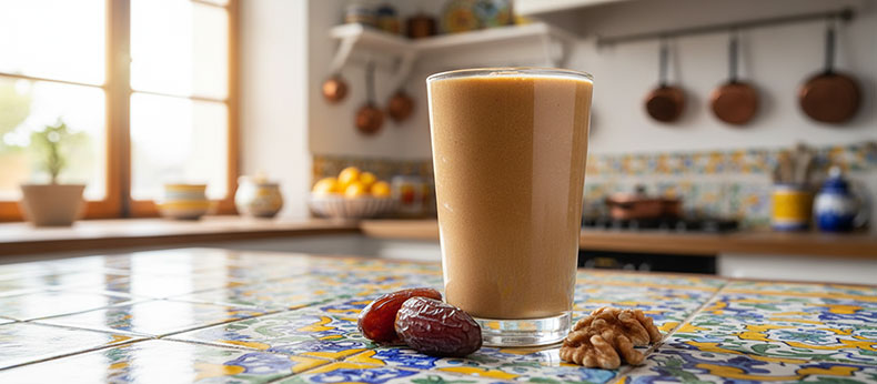Batido-energetico-de-kefir-con-datiles-Medjool-y-nueces-picadas-desayuno-saludable-sin-azucar-refinado