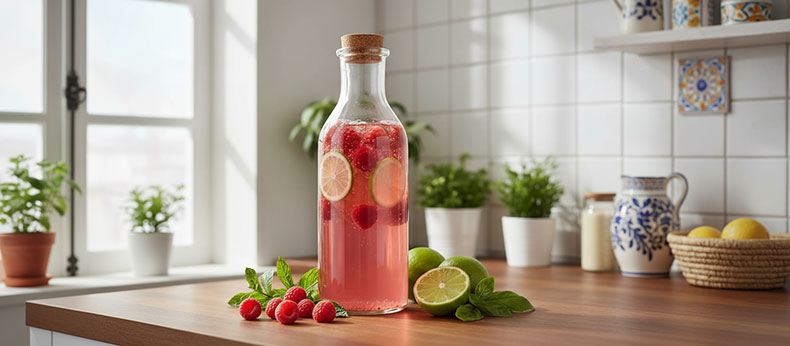 Bebida de kombucha con frambuesas picadas y zumo de lima en segunda fermentacion