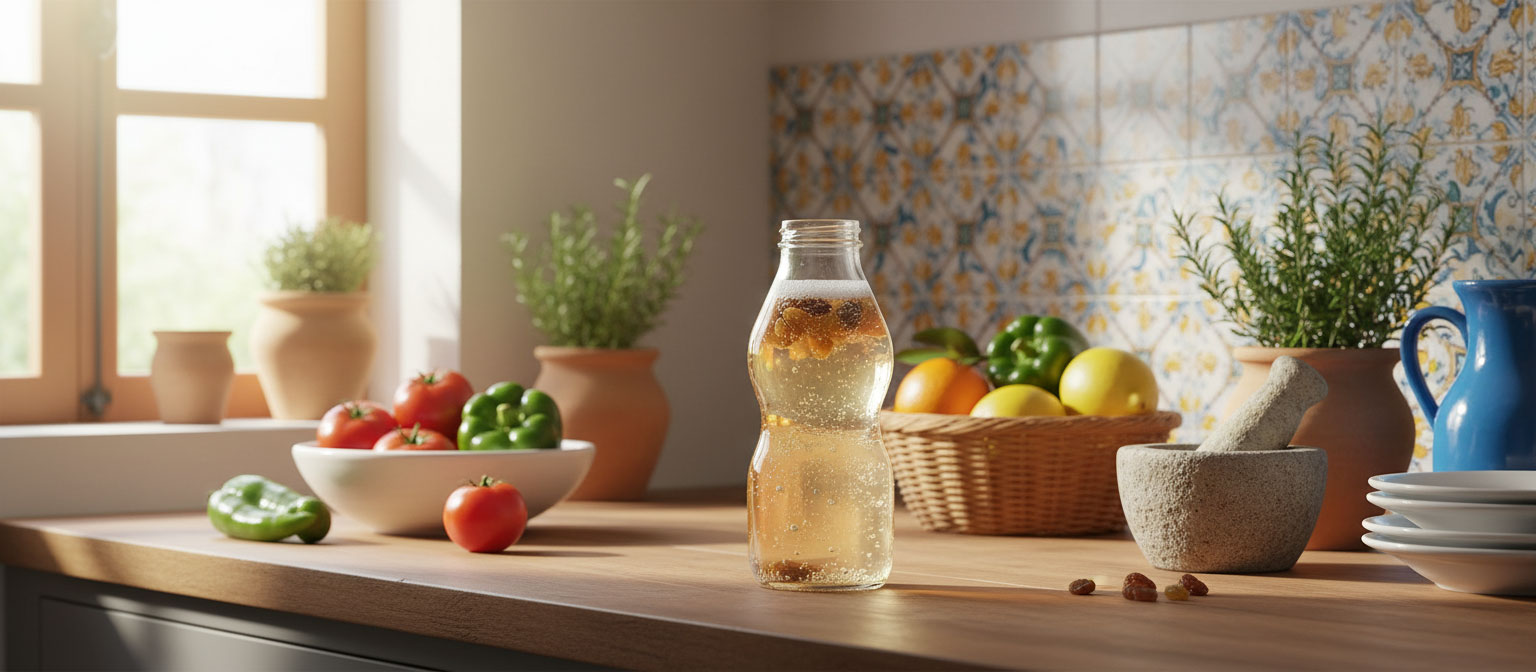 Botella de kéfir de agua con pasas y ligeras burbujas.