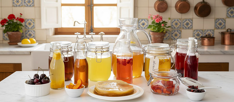 Botellas de cristal hermeticas realizando la segunda fermentacion de kombucha con frutas naturales para generar gas.