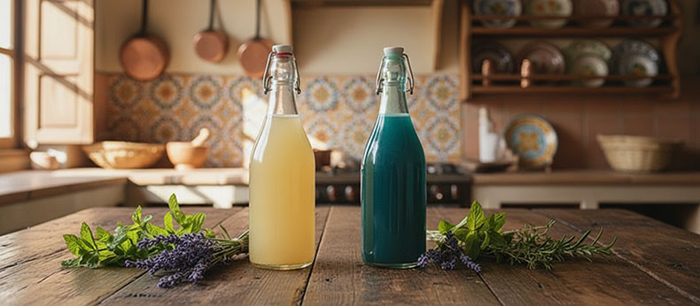 Botellas-de-kefir-de-agua-casero-en-una-cocina-rodeadas-de-lavanda-fresca-menta-y-hierbas-aromaticas-sobre-una-mesa-de-madera