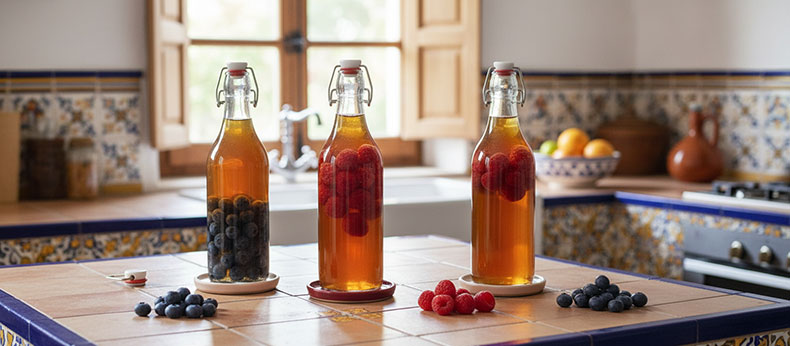 Botellas-de-kombucha-con-arandanos-y-frambuesas-en-segunda-fermentacion