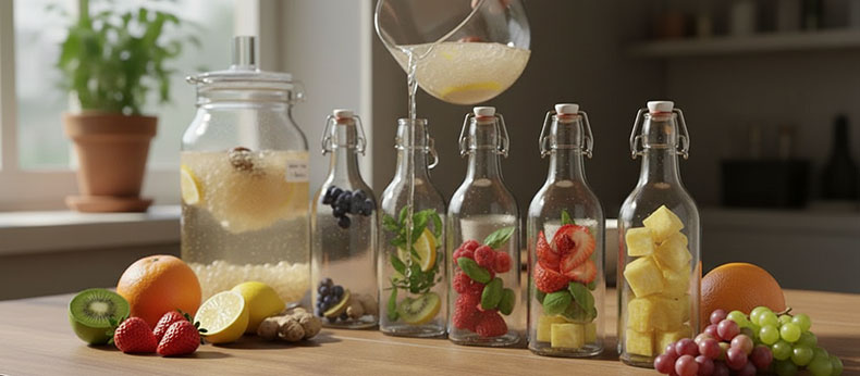 Botellas de vidrio con fruta cortada siendo rellenadas con kéfir de agua para iniciar la segunda fermentación y carbonatación natural.