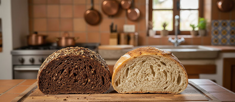 Diferencia de textura y color entre un pan de centeno denso y una hogaza de masa madre estilo San Francisco