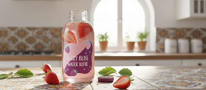 Fresas frescas dentro de una botella de kéfir de agua.