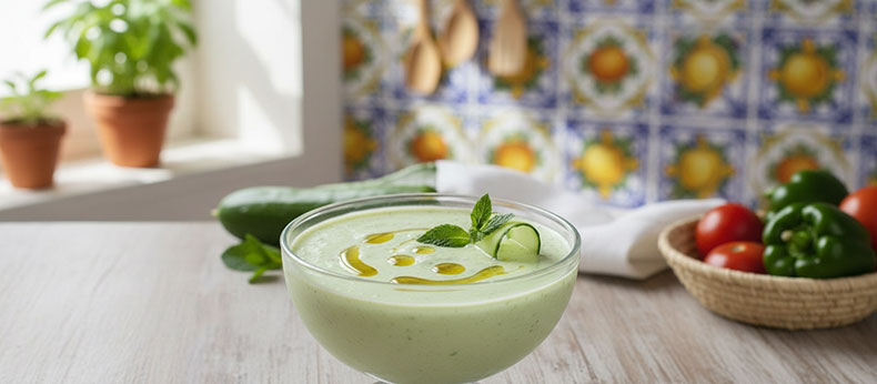 Gazpacho blanco de kefir y pepino con aceite de oliva virgen extra y menta, sopa fria digestiva y nutritiva.