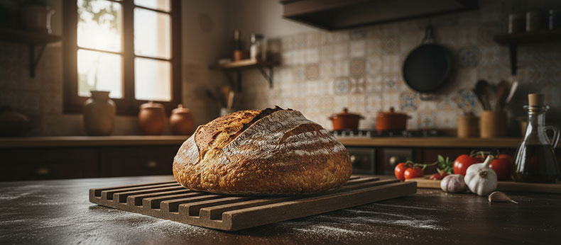 Hogaza de pan de masa madre NutriBrew con corteza crujiente y greña perfecta.