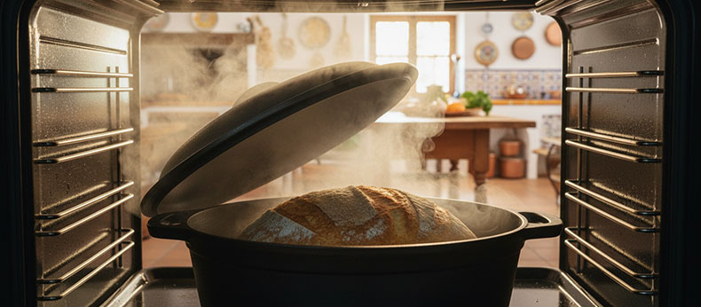 Horneado de pan con vapor para conseguir una corteza dorada y brillante.
