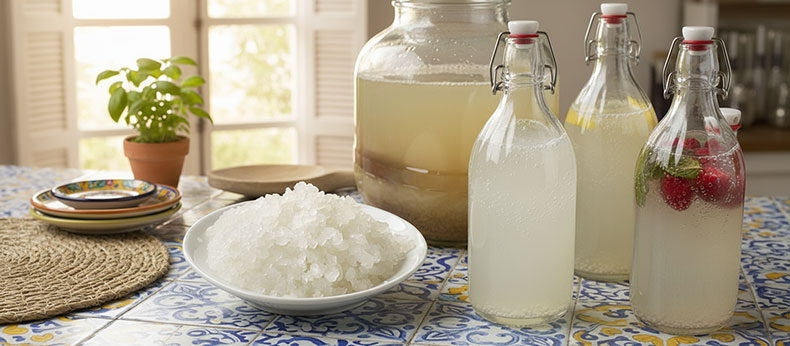 Kefir-de-agua-en-frasco-de-cristal-con-colador-de-plastico-azucar-de-cana-y-agua-embotellada
