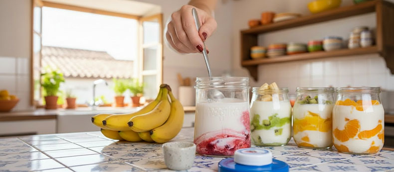 Kéfir de leche casero con frutas en tarros de cristal during the second fermentation en cocina española
