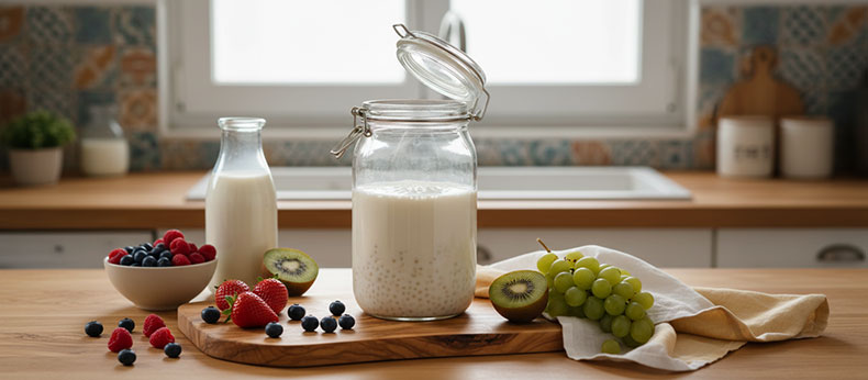 Kéfir de leche casero en frasco de vidrio con frutas frescas en cocina luminosa.