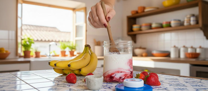 Kéfir de leche después de la segunda fermentación con fruta.