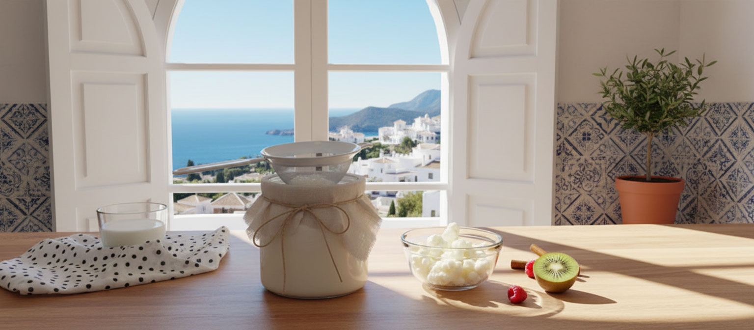 Kéfir de leche fermentando en cocina mediterránea con vista al mar.