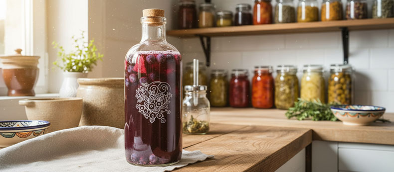 Kombucha de arandanos casera con fruta fresca durante la segunda fermentacion