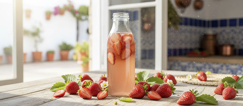 Kombucha de fresa casera con fresas naturales en proceso de saborizacion
