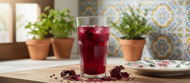 Kombucha de hibisco de color rojo intenso con flores de hibisco secas