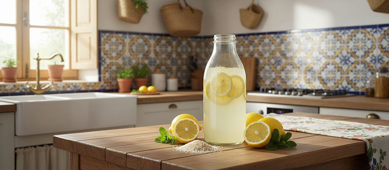 Kombucha limonada casera con rodajas de limon y burbujas naturales sobre una mesa de cocina