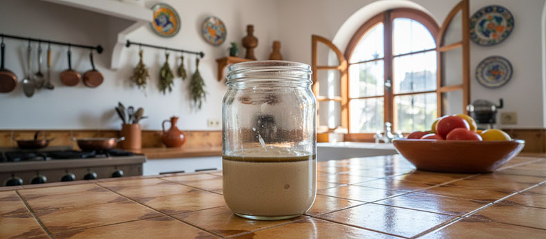 Masa madre con una capa de líquido oscuro (hooch) en la superficie, señal de que necesita ser alimentada.