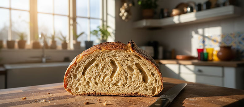Miga alveolada y esponjosa de un pan de masa madre artesanal.