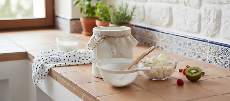 Nódulos de kéfir de leche frescos sobre una cuchara de madera, mostrando su textura similar a la coliflor.