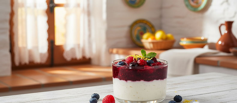 Postre saludable de kefir con aroma de vainilla, ralladura de limon y mermelada artesana de frutos rojos en un cuenco blanco. 