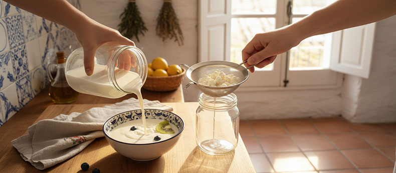 Preparación de yogur casero con leche y kéfir en una cocina española luminosa