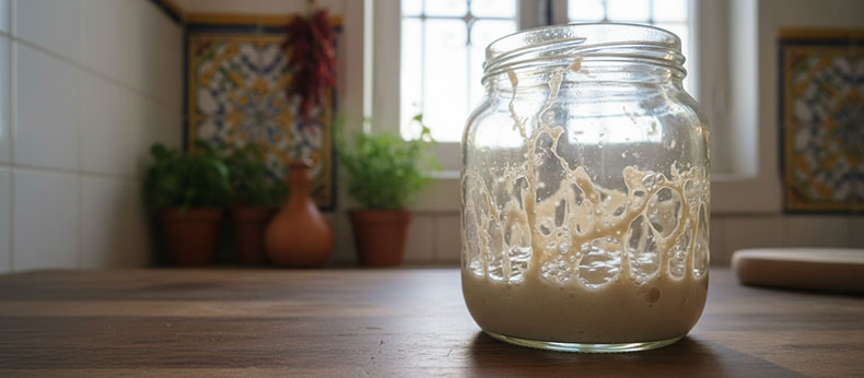 Primer plano de las burbujas y actividad fermentativa de una masa madre activa.