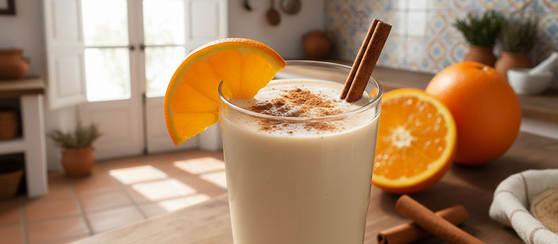 Smoothie-de-kefir-de-leche-con-zumo-de-naranja-natural-miel-de-azahar-y-canela-en-un-vaso-de-cristal-bebida-probiotica-refrescante