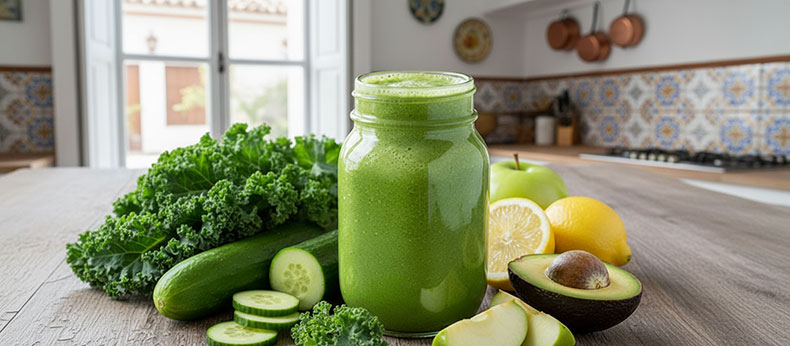 Smoothie-verde-superfood-con-kefir-de-leche-y-frutas-y-verduras-frescas