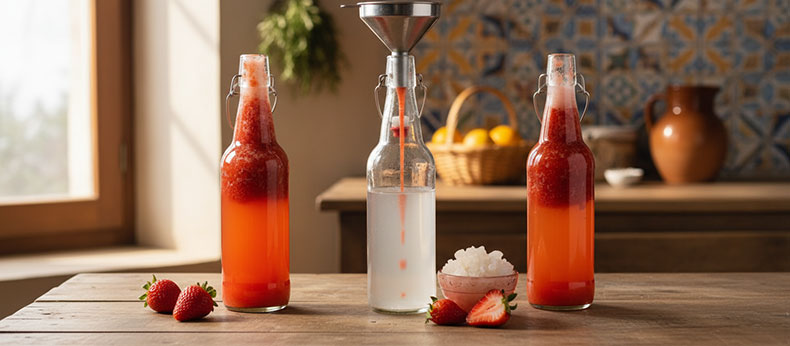 Tres botellas de kéfir de agua: dos ya preparadas con puré de frutas y una tercera siendo rellenada, mostrando el proceso de saborización.