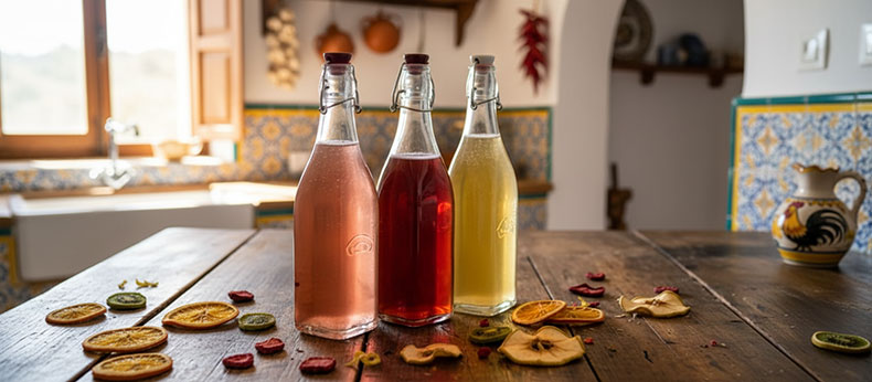 Tres botellas de kéfir de agua sobre una mesa de madera rodeadas de trozos de frutas deshidratadas.