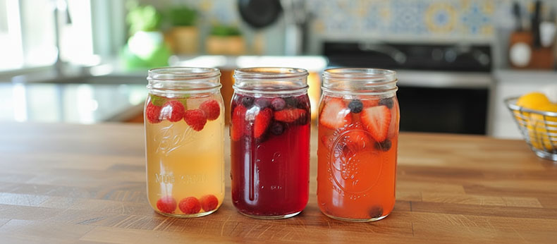 Tres botes de cristal con kéfir de agua infusionando con diferentes frutas durante la segunda fermentación para crear refrescos naturales.