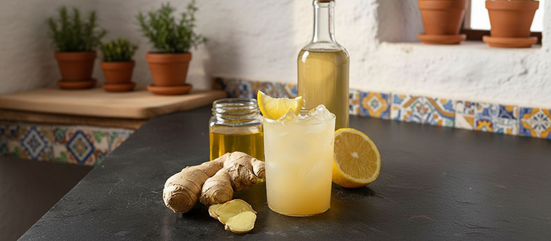 Un vaso de kéfir de agua de jengibre con burbujas, una pajita y un trozo de jengibre fresco al lado sobre una superficie de madera.