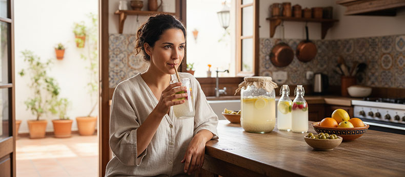 Una mujer española bebiendo kéfir de agua en una cocina de estilo mediterráneo, sosteniendo un vaso de cristal con burbujas y rodajas de limón.