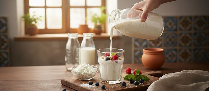 Vaso-de-kefir-de-leche-cremoso-recien-servido-junto-a-un-frasco-de-nodulos-de-kefir-frescos-en-una-cocina-rustica-y-luminosa