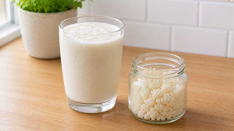 Vaso de kéfir de leche blanco cremoso junto a tarro de nódulos de kéfir
