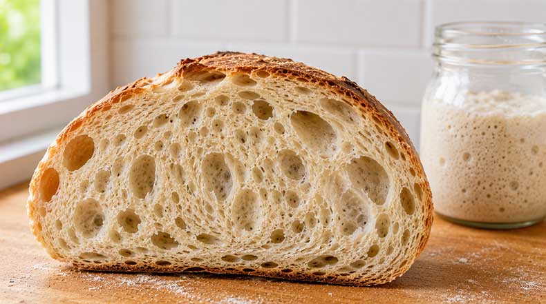 Rebanada de pan de masa madre natural con miga alveolada y corteza dorada junto a frasco de cultivo activo