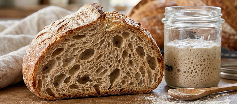 Primer plano de la miga y corteza de un pan de masa madre natural NutriBrew, mostrando el alveolado perfecto y la estructura del gluten descompuesta por la fermentación.