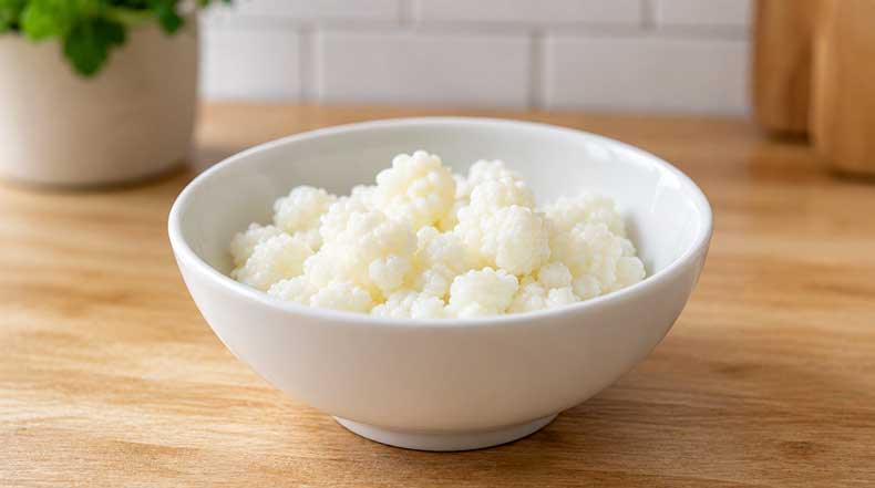 Cuenco blanco con nódulos de kéfir de leche de color blanco marfil sanos sobre encimera de madera clara