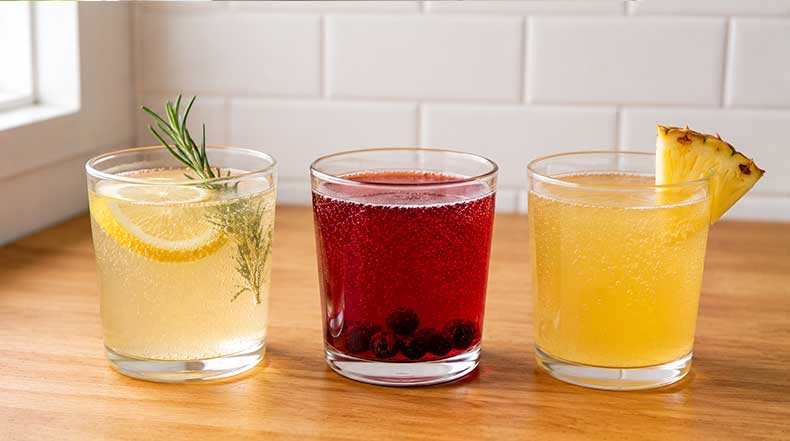 Tres vasos de kéfir de agua saborizado con infusiones cítrica, antioxidante de arándanos y tropical de piña con burbujas naturales