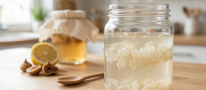 Primer plano de nódulos de kéfir de agua frescos y activos de NutriBrew para fermentación casera