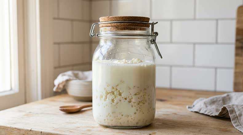 Tarro de cristal de boca ancha con tapa hermética cerrada que contiene nódulos de kéfir de leche blancos en forma de coliflor sumergidos en leche entera blanca fresca, sobre una encimera de madera clara con azulejos blancos de fondo, mostrando el método correcto de conservación en nevera para evitar el error de descuidar el cultivo durante las ausencias