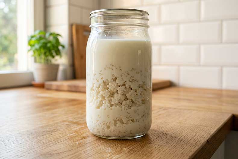 Tarro de cristal con nódulos de kéfir de leche blancos sumergidos en leche entera fresca, mostrando la diversidad microbiana viva